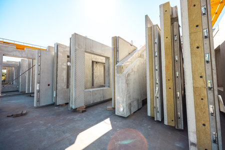 Precast concrete wall panels in factory to transport and installの写真素材
