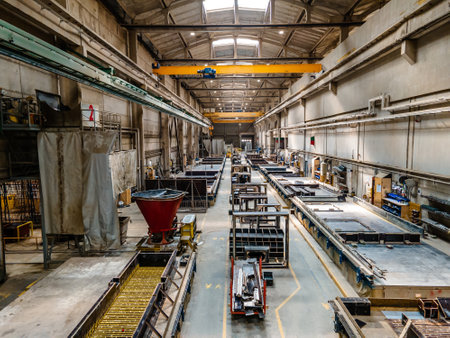 The interior of a big industrial building or factory with steel and concrete constructionsの写真素材