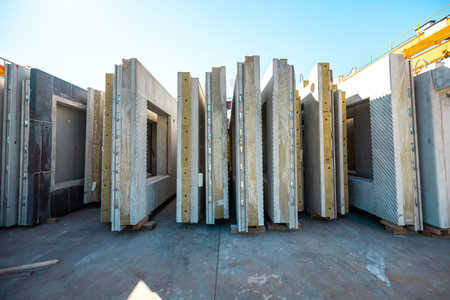 Precast concrete wall panels in factory to transport and installの写真素材