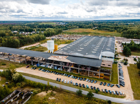 Aerial view of Precast concrete wall panel factory.  Transportation, logistic or environment conceptの写真素材