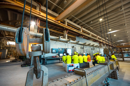 Skillful worker attending brief meeting in the factory . Industrial people and manufacturing labor...
