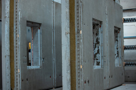 Precast concrete wall panels in factory to transport and installの写真素材