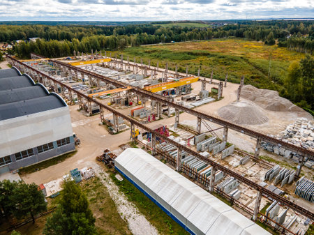 Aerial view of Precast concrete wall panel factory.  Transportation, logistic or environment conceptの写真素材