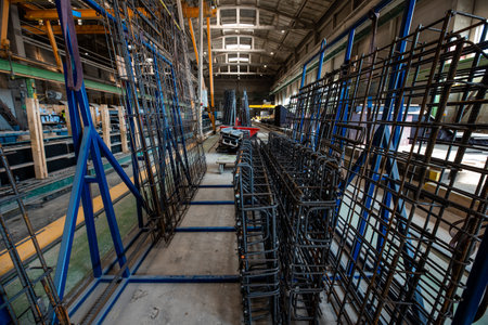 Concrete panel factory for home construction. Huge production. Creation of building materials. Producing panels for construction and reinforced concrete structures.の写真素材