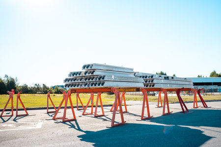 Stack of precast reinforced concrete slabs in a factory workshopの写真素材