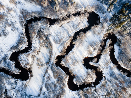 Aerial view on winter river streaming through the field with the tree on it. Everything is covered with snow.の写真素材