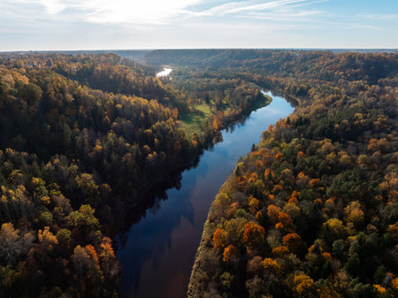 The Gauja River winds through a dense forest in Sigulda, Latvia, surrounded by vibrant autumn foliage. Hills and a clear blue sky complete the scene.の写真素材