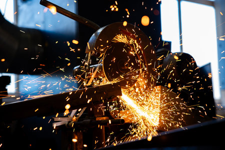 Cutting a metal using cutting machine and the fire sparks splashes outside.
