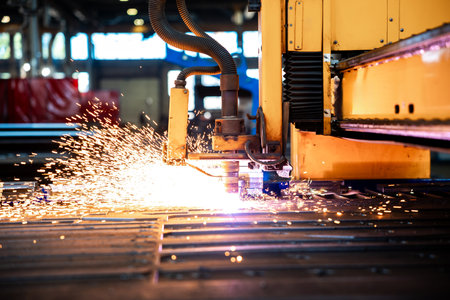 Sparks of plasma cutting machine, thick metal cutting, metal cut process, carpentry metalwork...