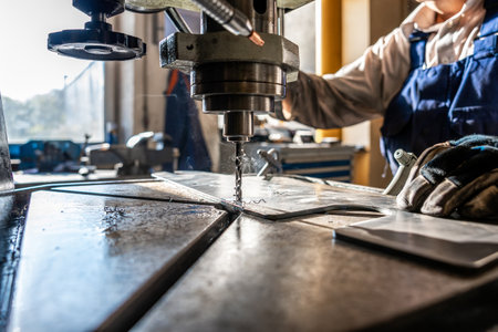 Metal drill in fatory. Metal industrial machines and toolsの写真素材