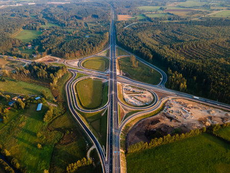 Kekava Bypass highway intersection in Latvia. Transportation and communications concept. Road Riga â Bauska and a part of the international road E67 Via Balticaの写真素材