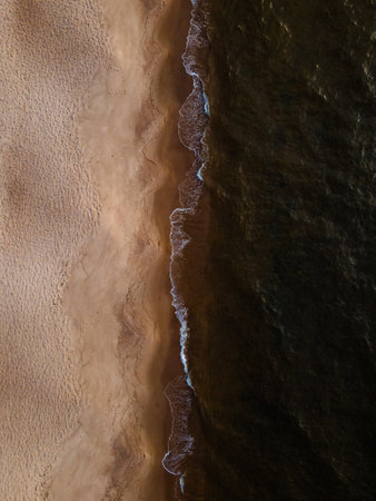 Aerial view of a beach with waves hitting the shoreの写真素材