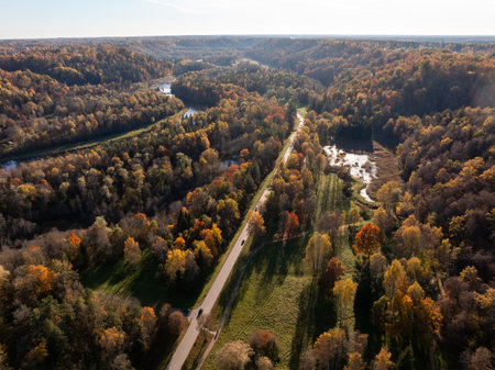 An aerial view shows a winding river and road through a dense forest in Sigulda, Latvia. Trees display vibrant fall colors, with vehicles visible on the road.の写真素材