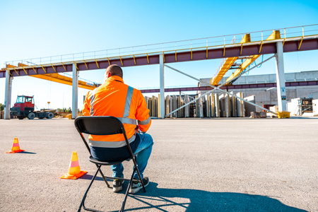 Male engineer worker in safety vest sitting, feeling tired from work hard at factory