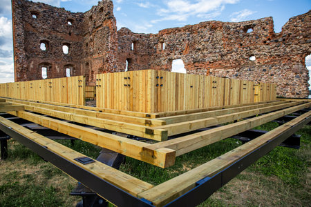 Ancient medieval castle renovations in Ludza, Latviaの写真素材