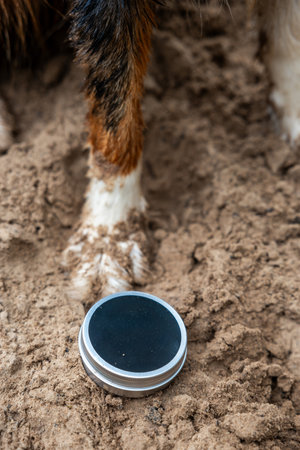 Australian Shepherd on the beach with a soap dish for washing his pawsの写真素材