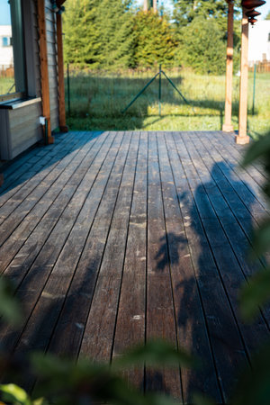 Wet terrace wood planks boards with narrow DOFの写真素材
