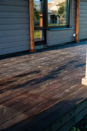 Wet terrace wood planks boards with narrow DOF