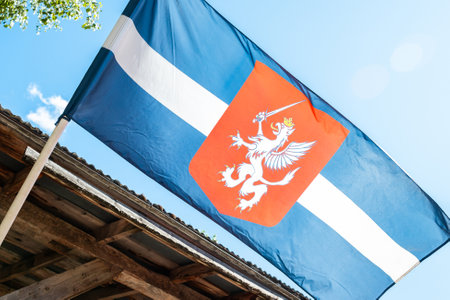 Flag of Latgale, Latvia near the houseの写真素材