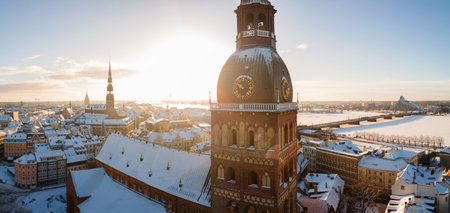 Riga Dome cathedral aerial view during sunset time in Riga, Latvia.