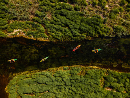 Kayakers in harmony with nature, paddling along a winding river with rich foliageの写真素材