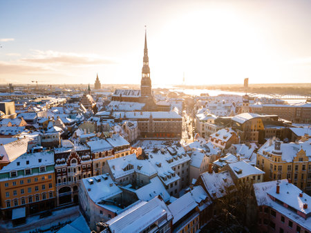 Aerial panorama view of Riga old town during beautiful winter day in Latvia. Freezing temperature in...
