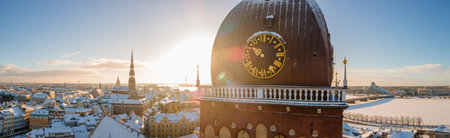 Riga Dome cathedral aerial view during sunset time in Riga, Latvia.の写真素材