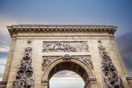 Arch of Triumph, Champs-Elysees at sunset in Parisの写真素材