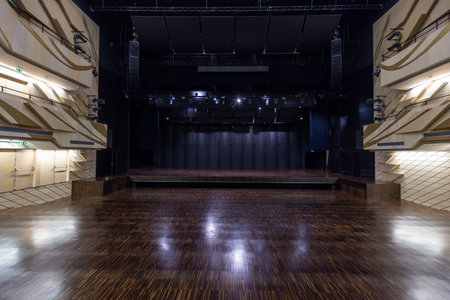 Elegant Contemporary Auditorium with Advanced Lighting and Spacious Wooden Floorの写真素材