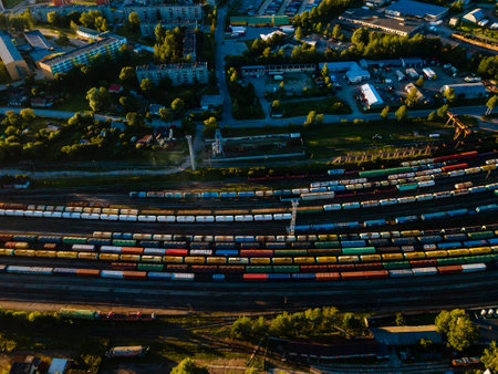 Dynamic Aerial Shot of a Colorful Freight Train Yard Adjacent to Urban Living.の写真素材