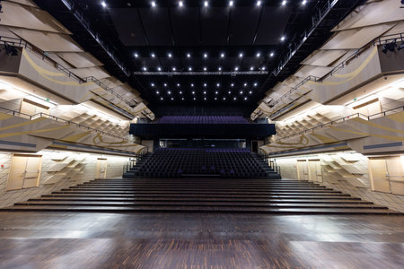 Elegant Contemporary Auditorium with Advanced Lighting and Spacious Wooden Floor