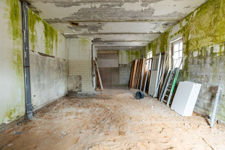 Abandoned building interior in disrepair with debris, exposed pipes, and missing doors awaiting renovationの写真素材