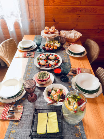 Elegantly Set Dining Table with Variety of Gourmet Dishes and elegant Decorの写真素材