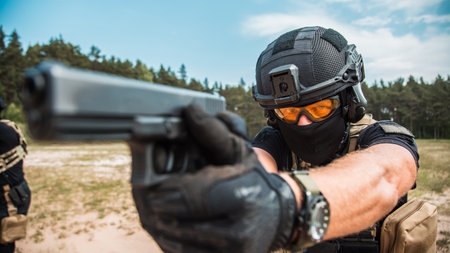 Special forces operatives in tactical gear practicing firearms training at an outdoor shooting range...