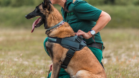 Border Patrol Officer with Trained Belgian Malinois on Duty in Open Field - A Showcase of Security and Loyalty in Law Enforcementの写真素材