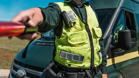 Traffic officer in high-visibility vest holding a baton for road control near a patrol vehicle, with safety equipmentの写真素材