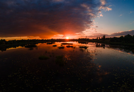 breathtaking panoramic sunset over a tranquil marshland, vivid orange and purples painting the sky...