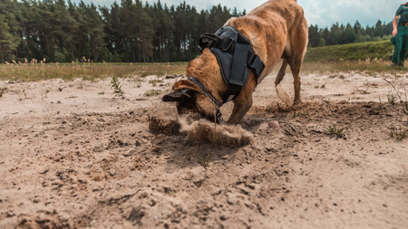 trained military canine actively searching in sandy terrain with determination and focus, showcasing the vital role of dogs in security and defense operationsの写真素材