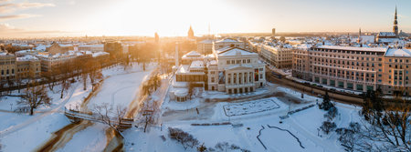 Aerial panorama view of Riga old town during beautiful winter day in Latvia. Freezing temperature in Latvia. White Riga.の写真素材
