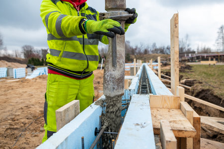 Construction Worker Precisely Operating Concrete Pump at New Building Site Foundationsの写真素材