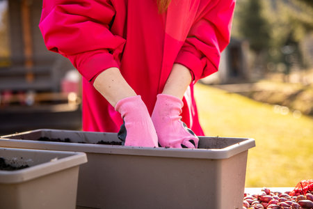 Close-up of a woman's hands in pink gloves filling a planter with soil for spring onion planting, outdoor setting with soft focus background.の写真素材