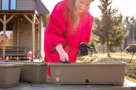 Smiling woman in a striking pink coat enjoying gardening on a wooden deck in the warmth of an early spring day.の写真素材