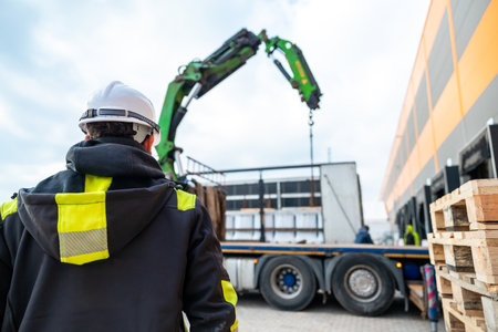 Construction Site Supervisor Overseeing Cargo Unloading with Crane at Industrial Warehouseの写真素材