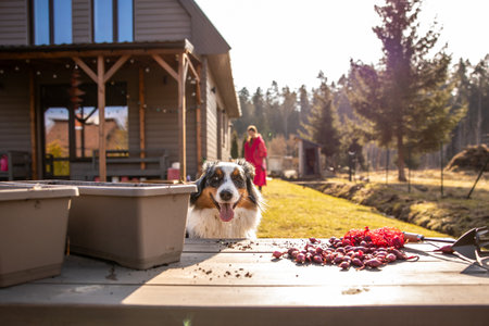 Playful dog peeks over garden planters as a woman in pink prepares for planting on a bright spring day in the backyard.の写真素材