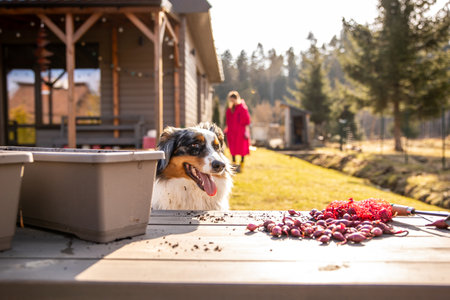 Playful dog peeks over garden planters as a woman in pink prepares for planting on a bright spring day in the backyard.の写真素材