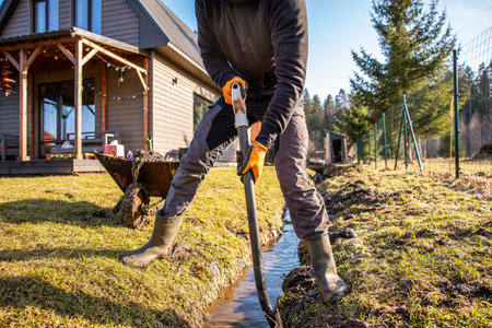 Man in protective gear tirelessly working to dredge a muddy trench with a shovel and wheelbarrow in a backyard during early spring.の写真素材