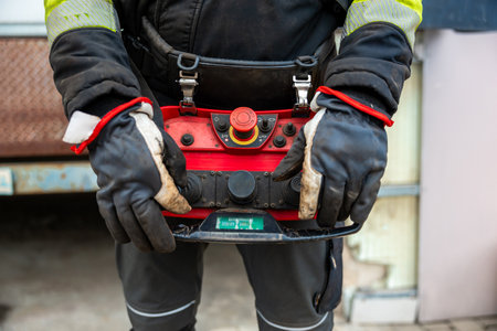 Close-up of Industrial Worker Operating a Remote Control Panel with Protective Glovesの写真素材