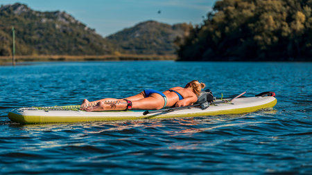 relaxed woman resting on a SUP paddleboard on a sunny day in a calm riverの写真素材