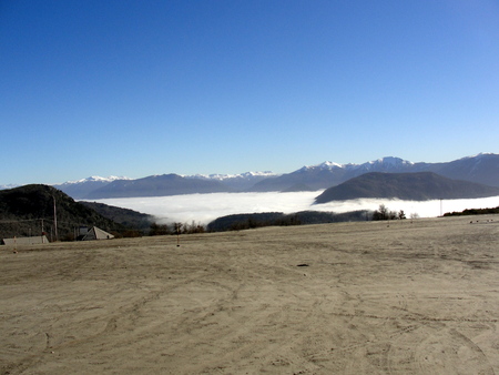 Morning haze on ski centerの写真素材