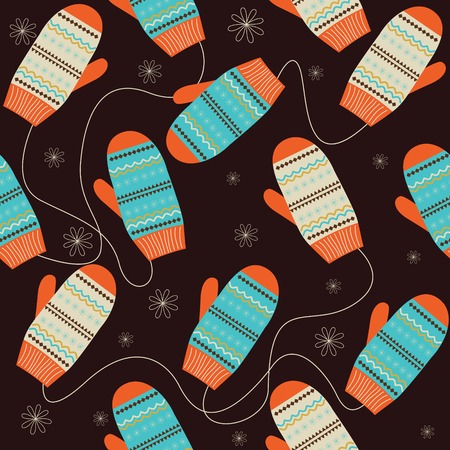 Seamless pattern with colored stylized mittens and snowflakes.Vectorの写真素材
